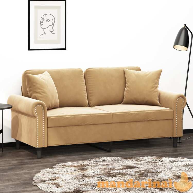 Dvivietė sofa su pagalvėlėmis, rudos spalvos, 140cm, aksomas