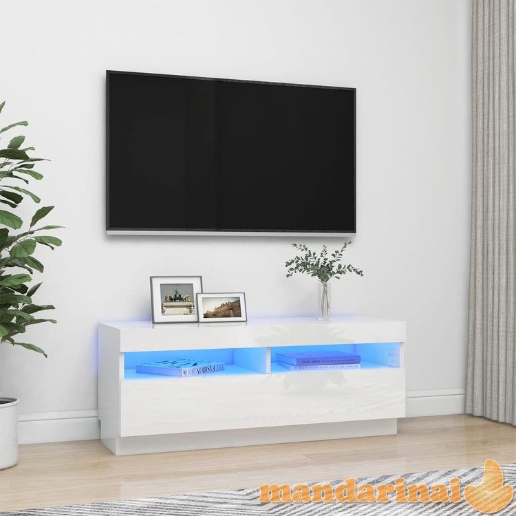 Tv spintelė su led apšvietimu, balta, 100x35x40cm, blizgi