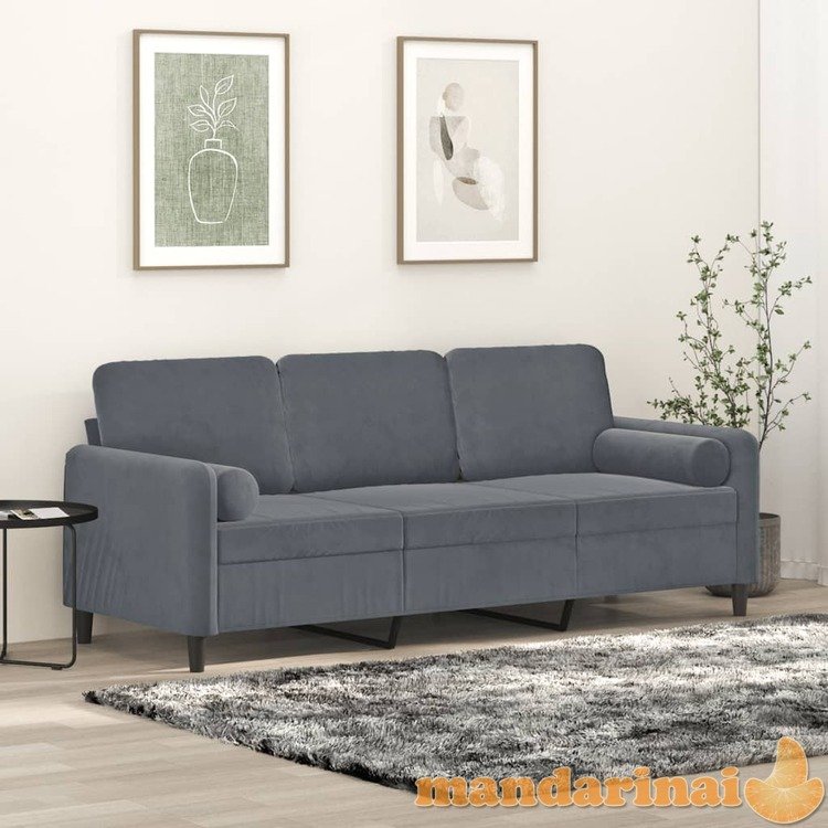 Trivietė sofa su pagalvėlėmis, tamsiai pilka, 180cm, aksomas