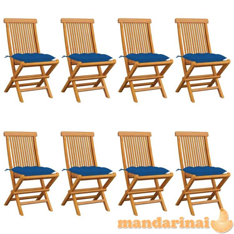 Sodo kėdės su mėlynomis pagalvėlėmis, 8vnt., tikmedžio masyvas