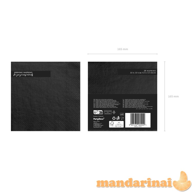 Napkins, 3 layers, black, 33x33cm (1 pkt / 20 pc.)