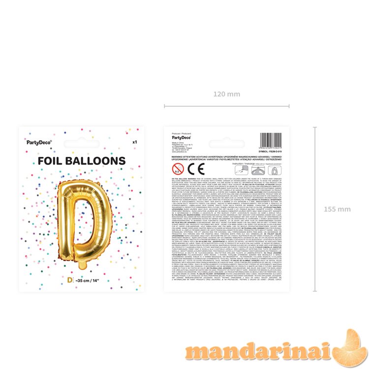 Foil Balloon Letter D , 35cm, gold