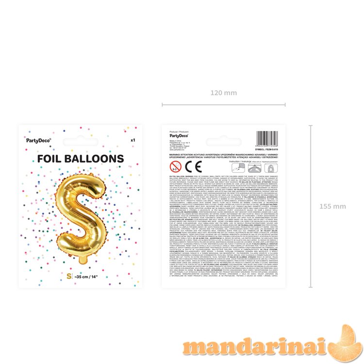 Foil Balloon Letter S , 35cm, gold