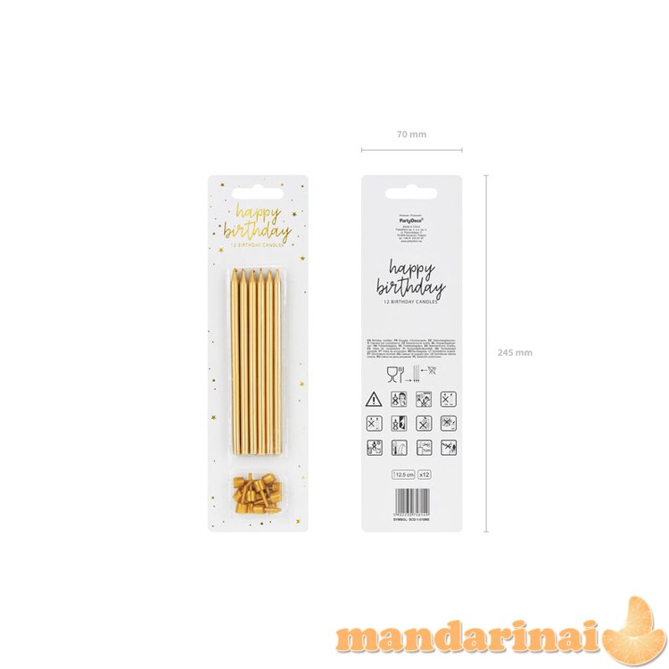 Birthday candles, plain, gold, 12.5cm (1 pkt / 12 pc.)