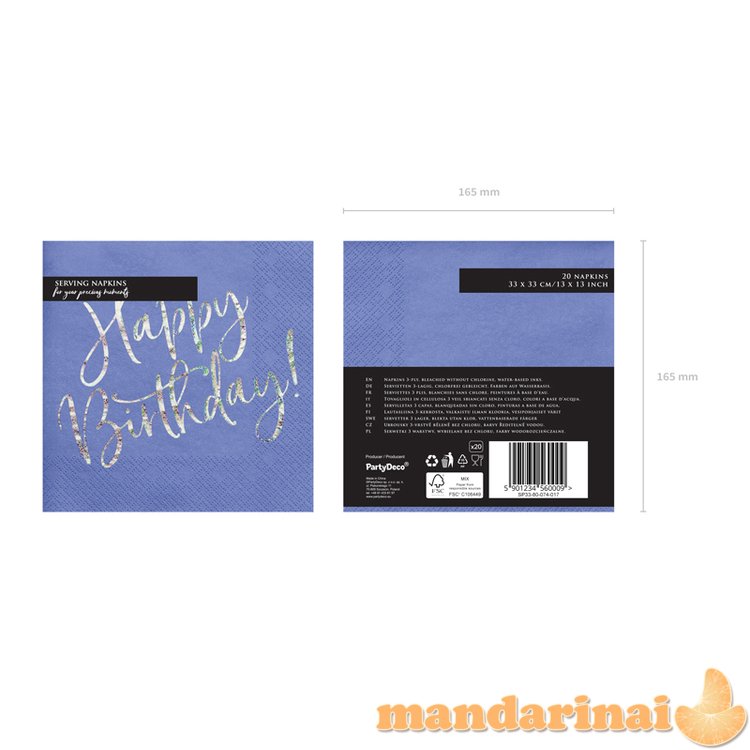 Napkins Happy Birthday, navy blue, 33x33cm (1 pkt / 20 pc.)