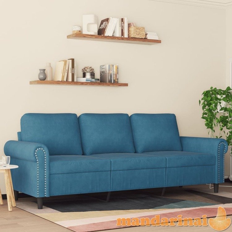 Trivietė sofa, mėlynos spalvos, 180cm, aksomas