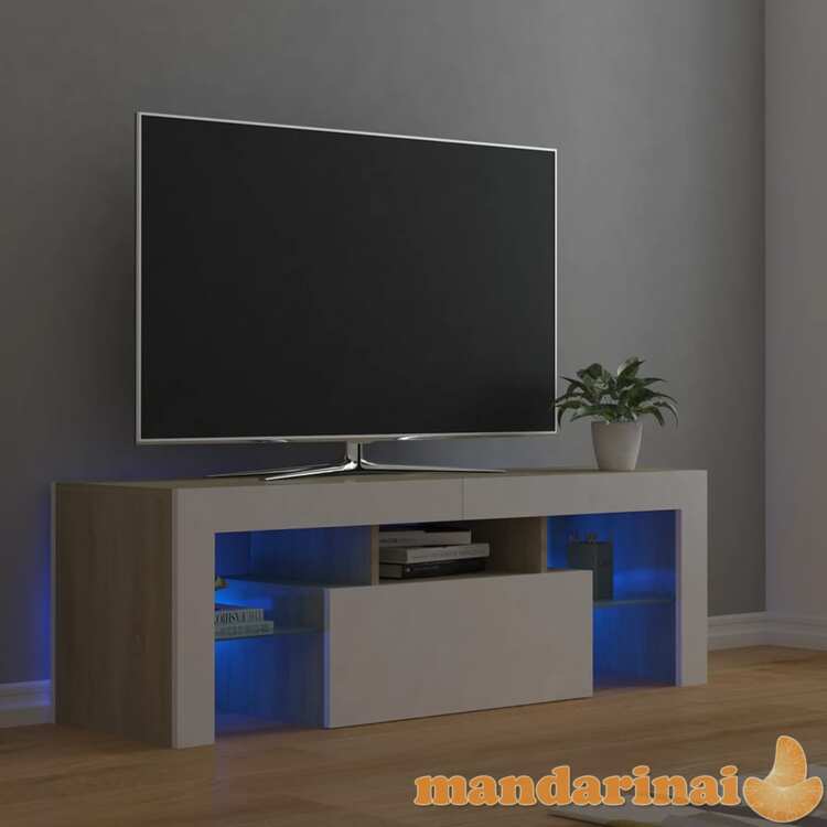 Tv spintelė su led apšvietimu, balta ir ąžuolo, 120x35x40cm