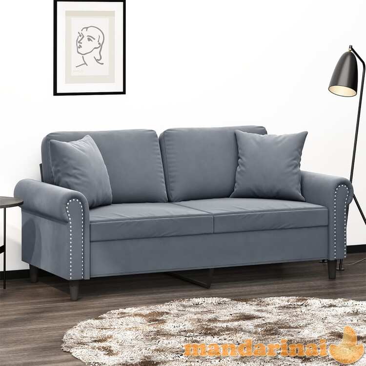 Dvivietė sofa su pagalvėlėmis, tamsiai pilka, 140cm, aksomas