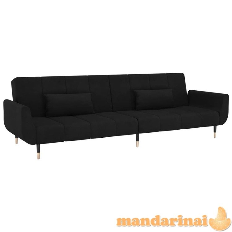 Dvivietė sofa-lova su dvejomis pagalvėmis, juoda, aksomas