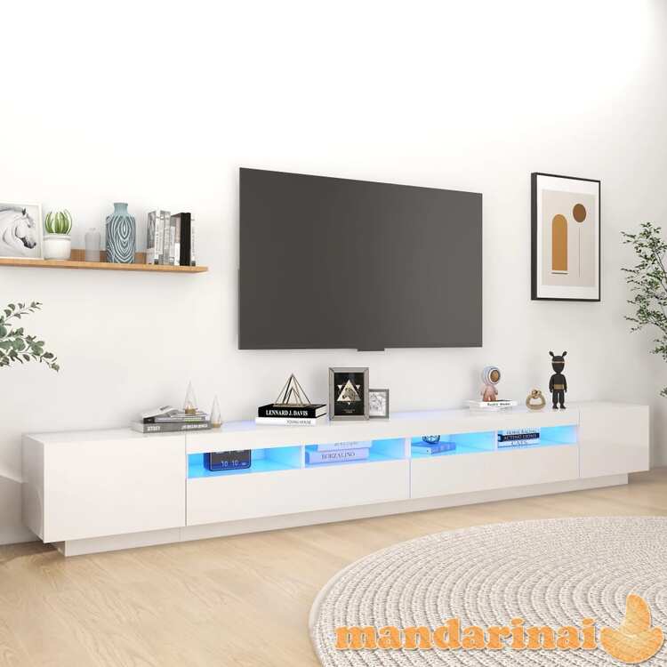 Tv spintelė su led apšvietimu, balta, 300x35x40cm, blizgi