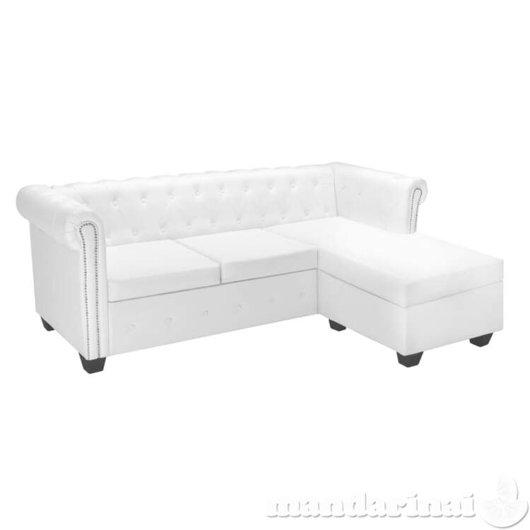 L-formos chesterfield sofa, dirbtinė oda, balta