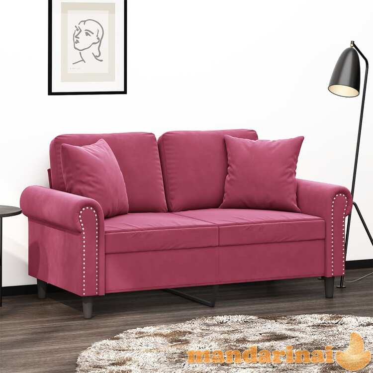 Dvivietė sofa su pagalvėlėmis, raudonojo vyno, 120cm, aksomas