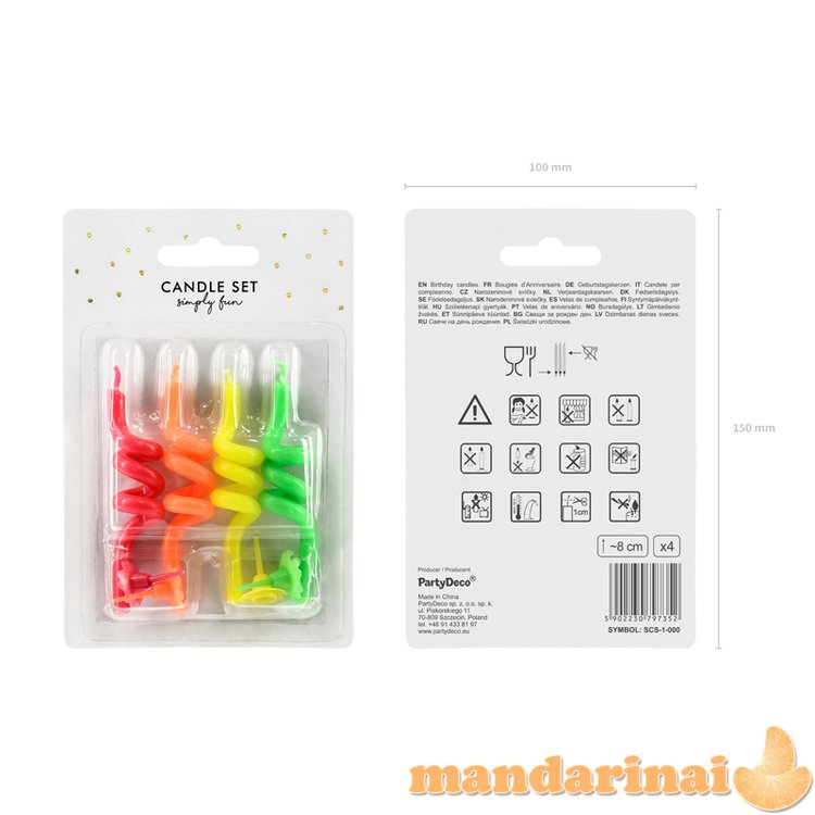 Birthday candles curl, mix, 8cm (1 pkt / 4 pc.)