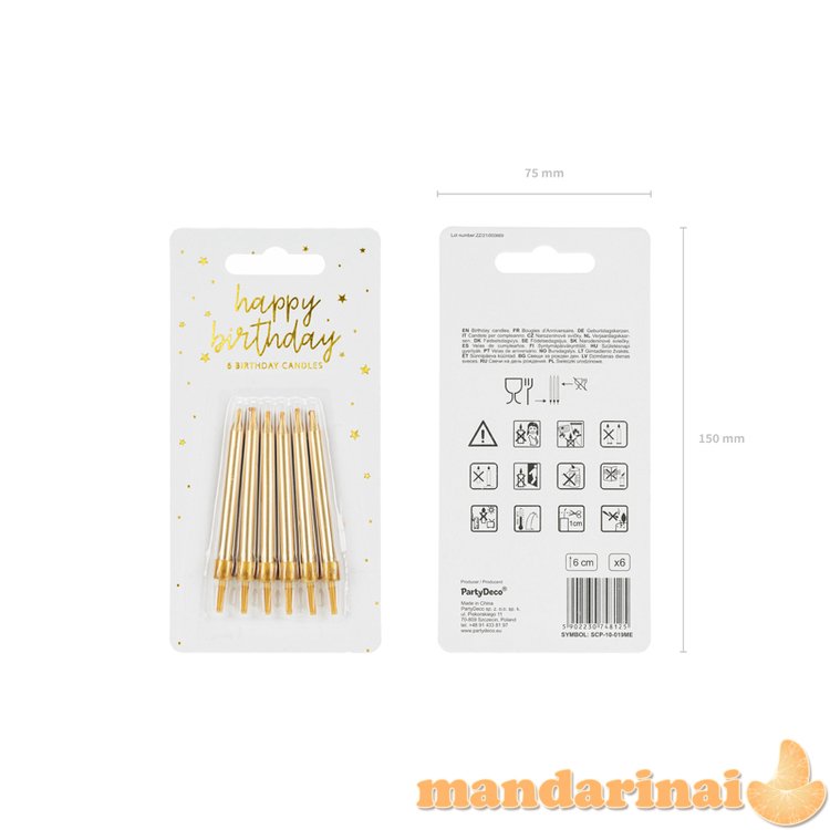 Birthday candles, plain, gold, 6cm (1 pkt / 6 pc.)