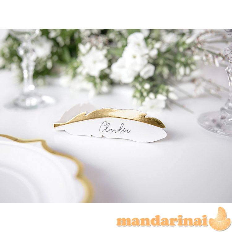 Place cards - Feathers, gold, 10.5x3cm (1 pkt / 10 pc.)