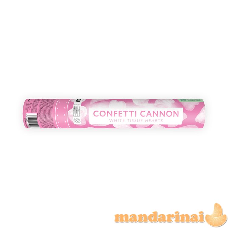 Confetti cannon with hearts, white, 28cm