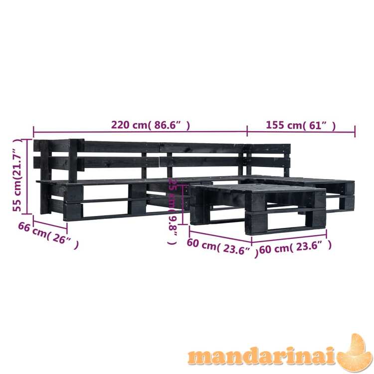 Sodo komplektas iš palečių, 4 dalių, juodos spalvos, mediena