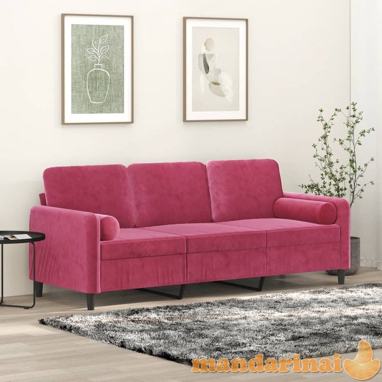 Trivietė sofa su pagalvėlėmis, raudonojo vyno, 180cm, aksomas