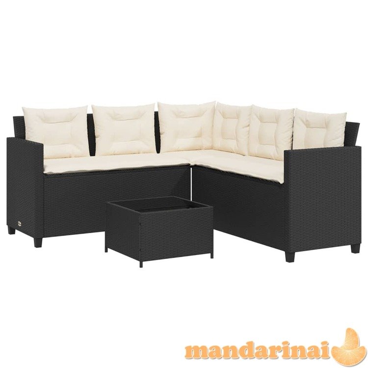 Sodo sofa su stalu/pagalvėlėmis, juoda, poliratanas, l formos