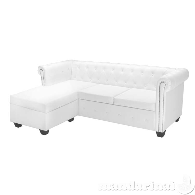 L-formos chesterfield sofa, dirbtinė oda, balta