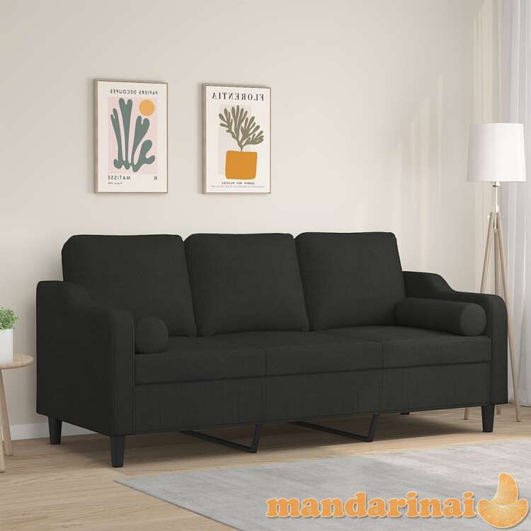 Trivietė sofa su pagalvėlėmis, juodos spalvos, 180cm, audinys