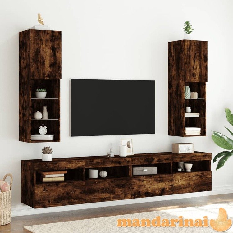 Tv spintelės su led, 2vnt., dūminio ąžuolo, 30,5x30x102cm