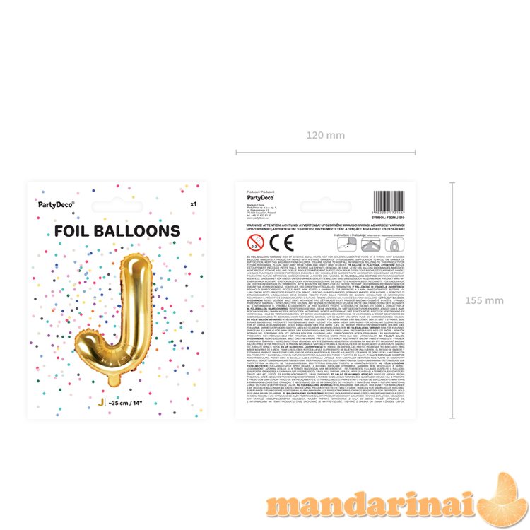 Foil Balloon Letter J , 35cm, gold