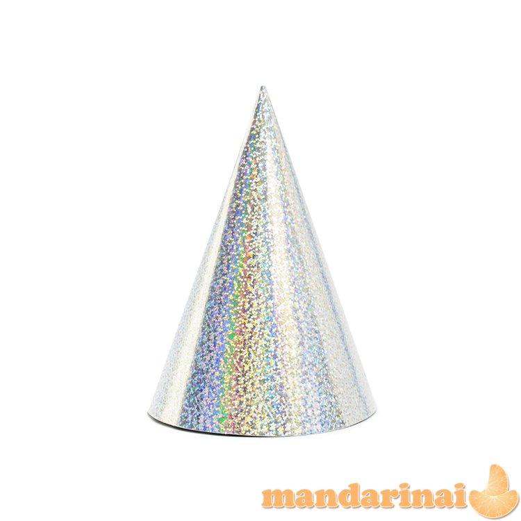 Holographic party hats, silver, 16cm (1 pkt / 6 pc.)