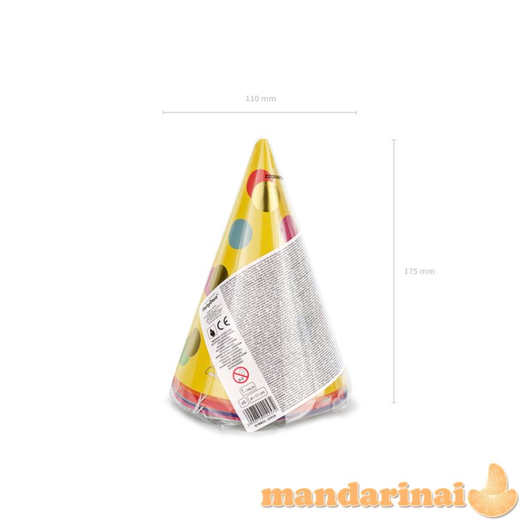 Party hats Dots, mix, 16cm (1 pkt / 6 pc.)