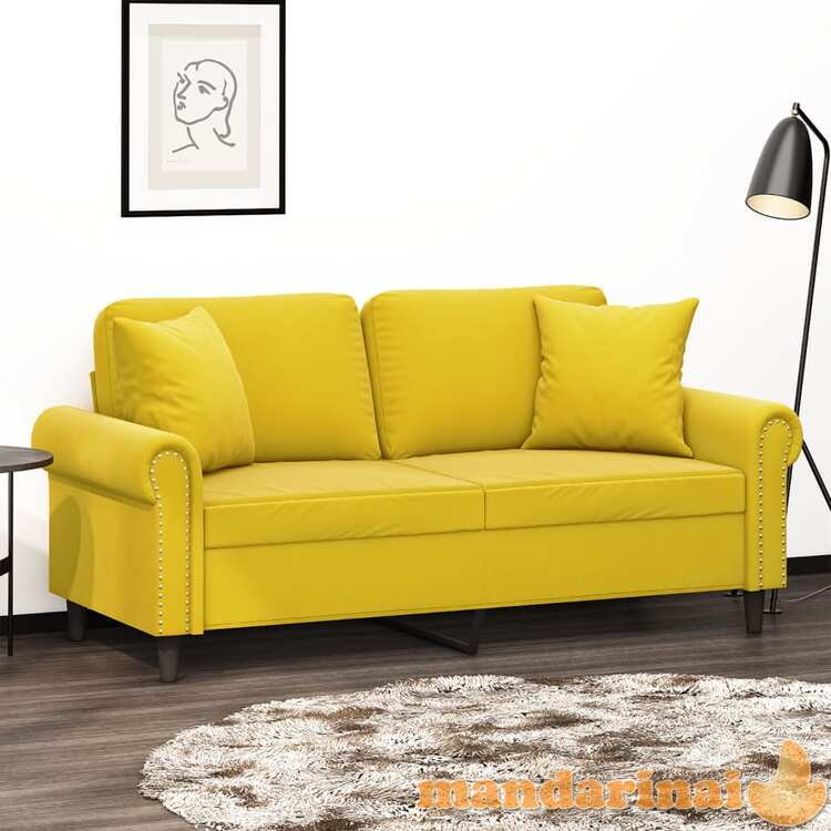 Dvivietė sofa su pagalvėlėmis, geltonos spalvos, 140cm, aksomas