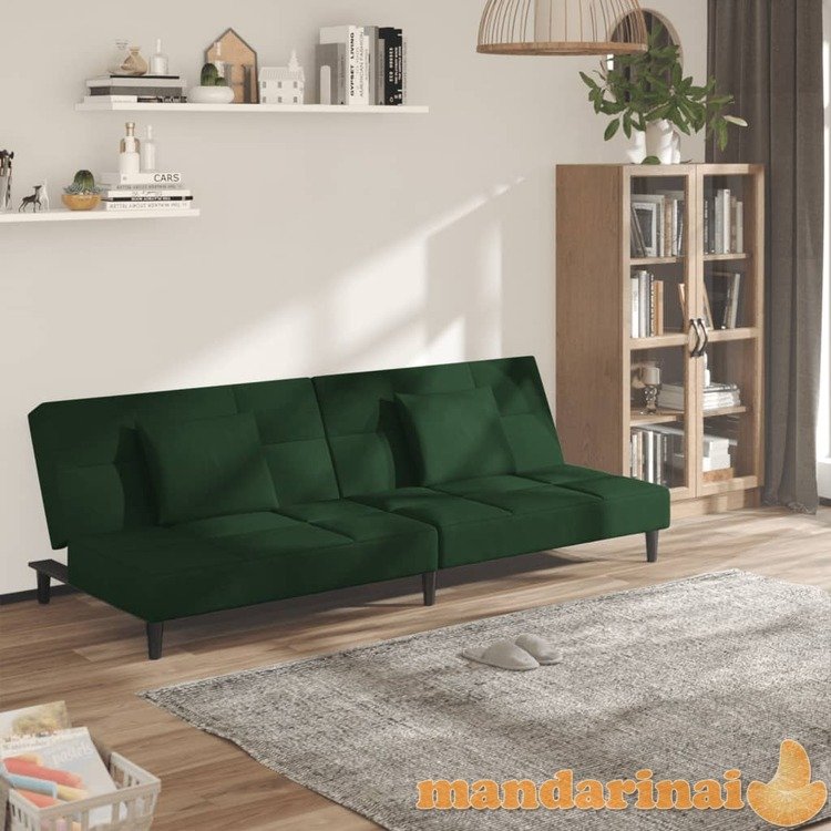 Dvivietė sofa-lova su dvejomis pagalvėmis, žalia, aksomas