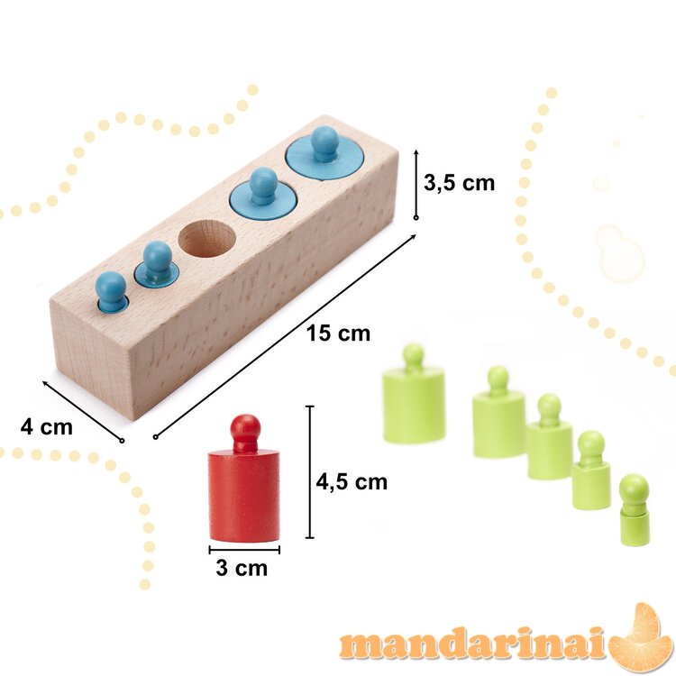 Svoriai mediniai cilindrai montessori spalvingi