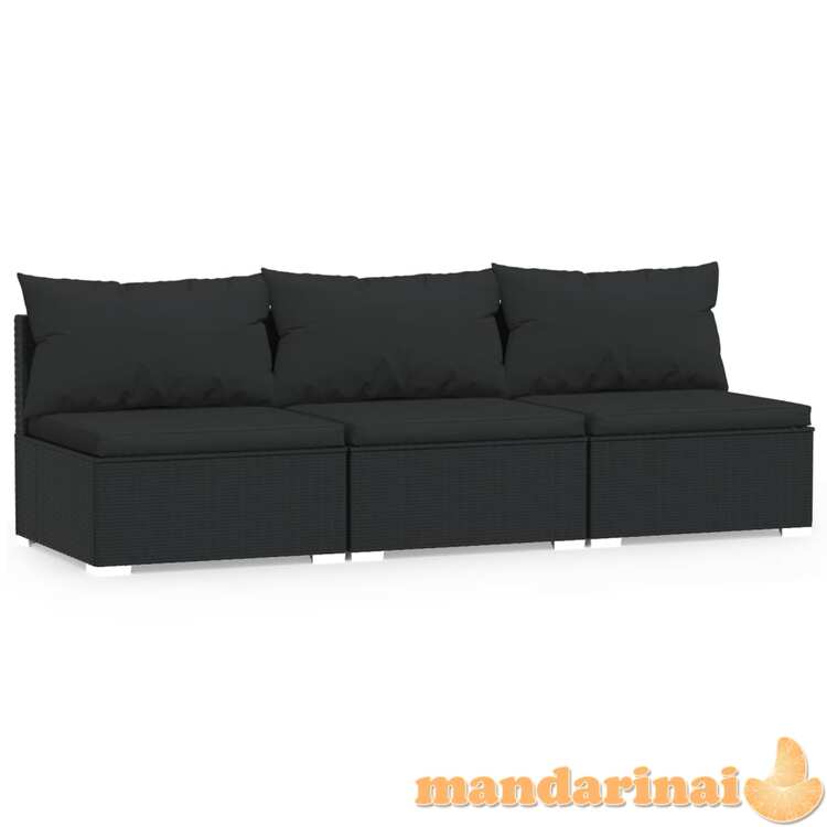 Trivietė sofa su pagalvėlėmis, juodos spalvos, poliratanas