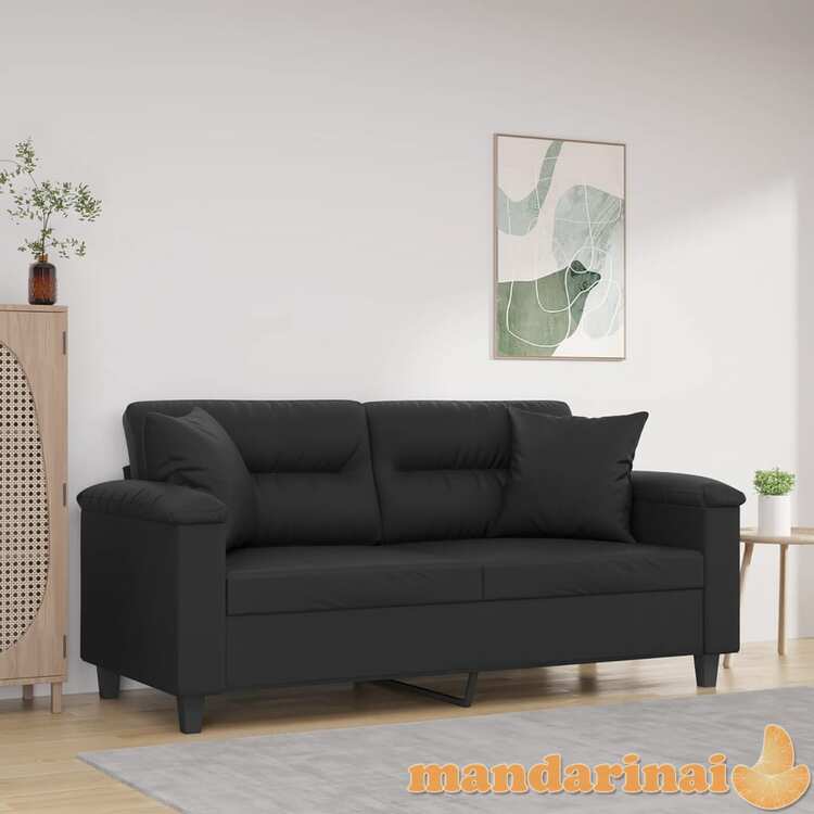 Dvivietė sofa su pagalvėlėmis, juoda, 140cm, dirbtinė oda