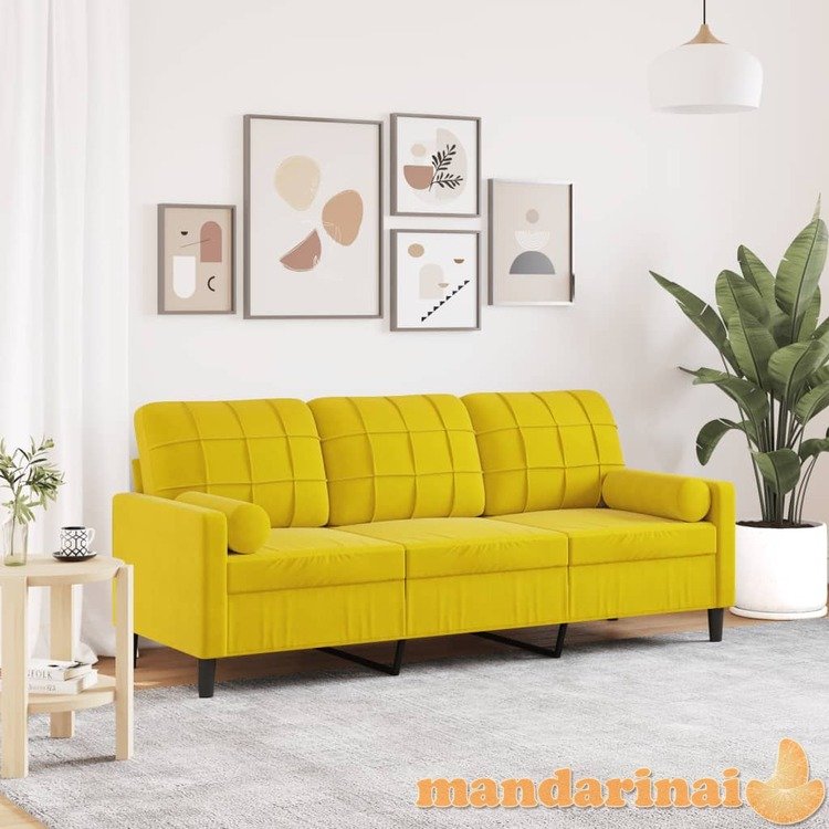 Trivietė sofa su pagalvėlėmis, geltonos spalvos, 180cm, aksomas