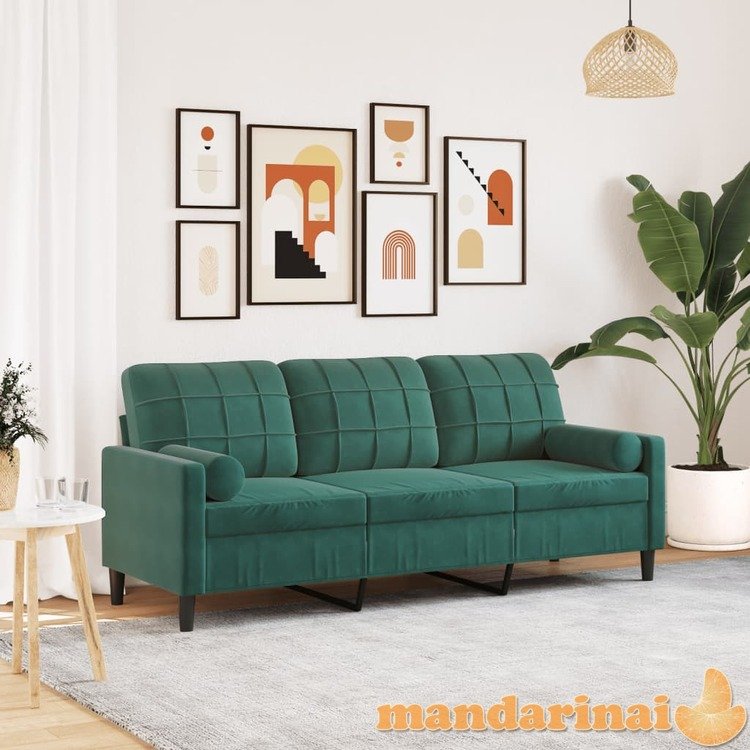 Trivietė sofa su pagalvėlėmis, tamsiai žalia, 180cm, aksomas