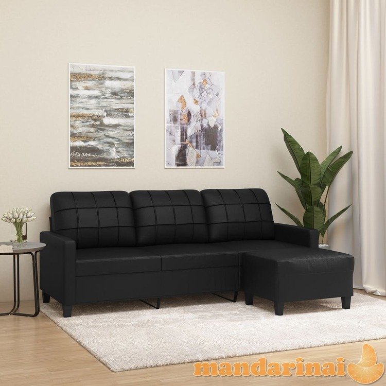 Trivietė sofa su pakoja, juodos spalvos, 180cm, dirbtinė oda