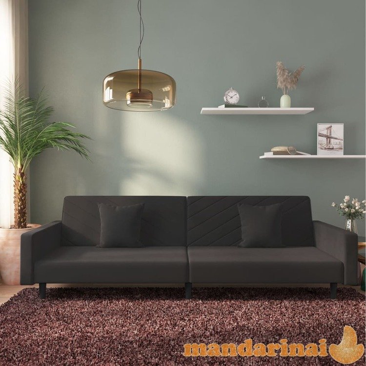 Dvivietė sofa-lova su dvejomis pagalvėmis, juoda, aksomas