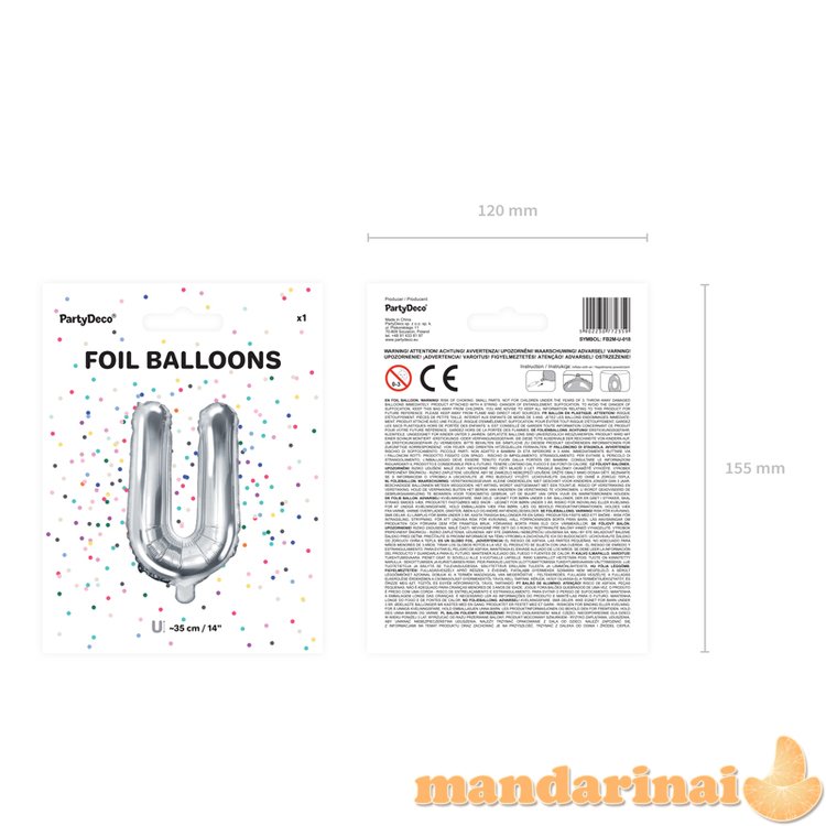 Foil Balloon Letter U , 35cm, silver