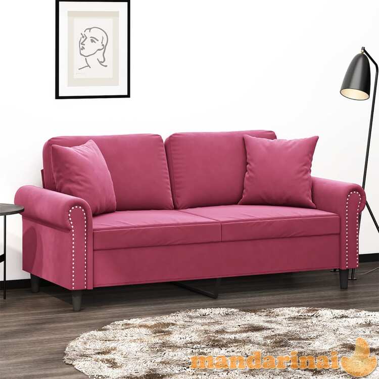 Dvivietė sofa su pagalvėlėmis, raudonojo vyno, 140cm, aksomas