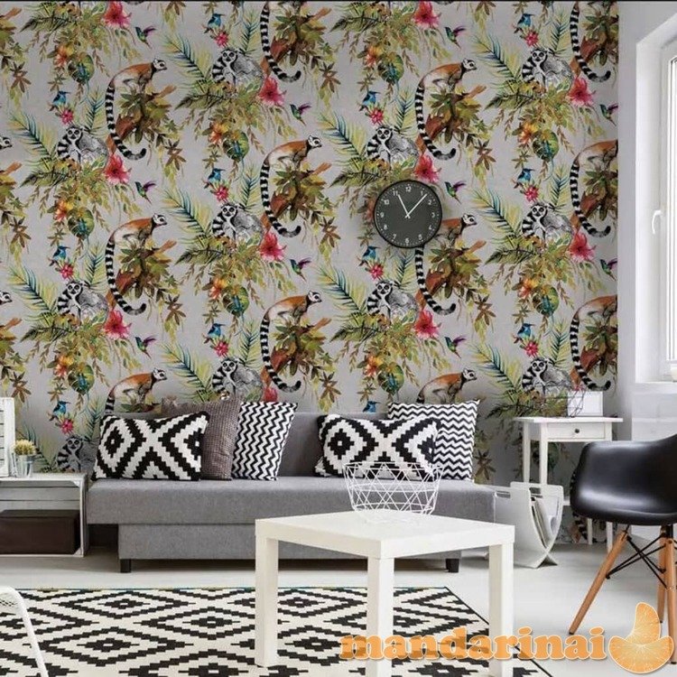 Dutch wallcoverings tapetai, sidabrinės spalvos, su lemūrais