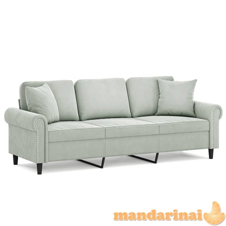 Trivietė sofa su pagalvėlėmis, šviesiai pilka, 180cm, aksomas