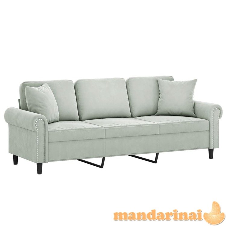 Trivietė sofa su pagalvėlėmis, šviesiai pilka, 180cm, aksomas