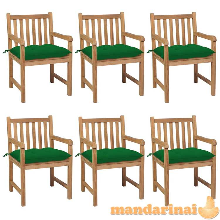 Sodo kėdės su žaliomis pagalvėlėmis, 6vnt., tikmedžio masyvas