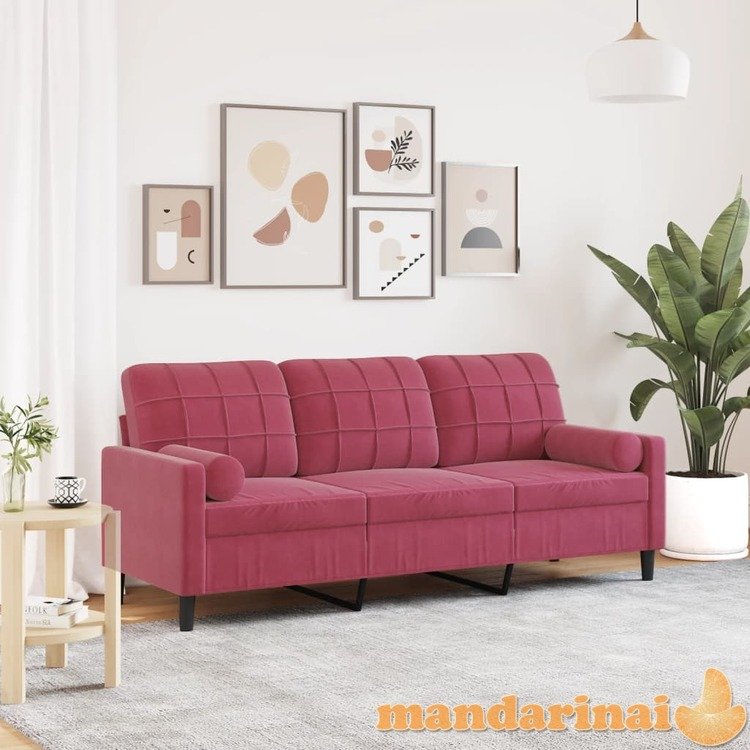 Trivietė sofa su pagalvėlėmis, raudonojo vyno, 180cm, aksomas