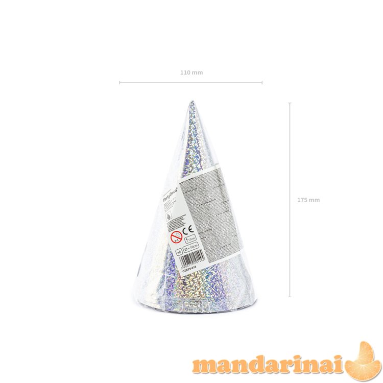 Holographic party hats, silver, 16cm (1 pkt / 6 pc.)