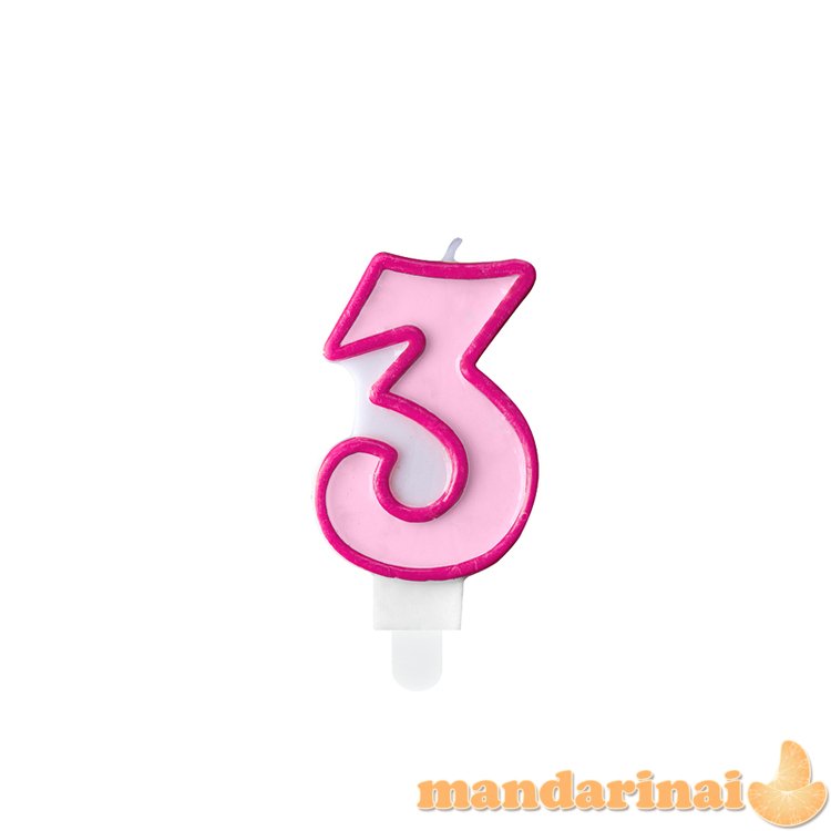 Birthday candle Number 3, pink, 7cm