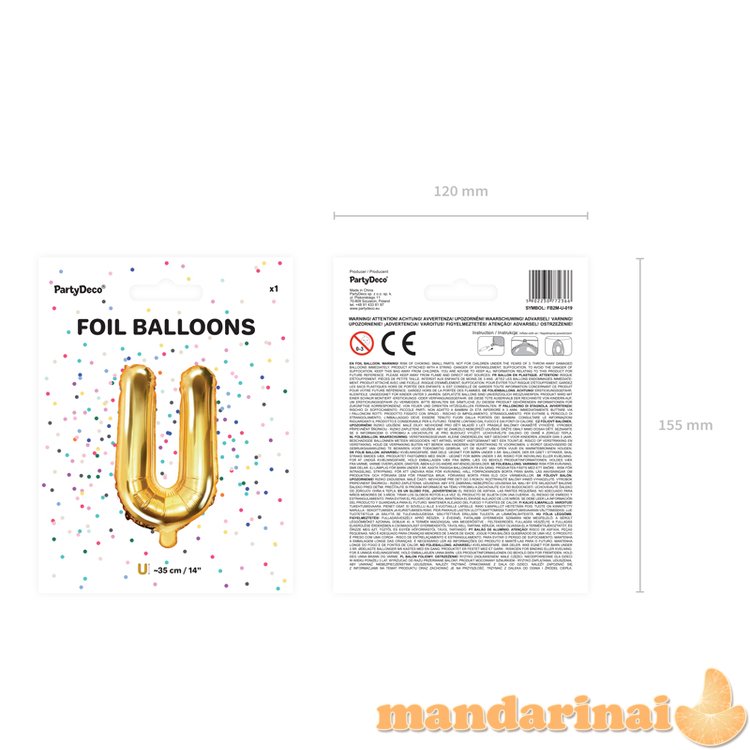 Foil Balloon Letter U , 35cm, gold