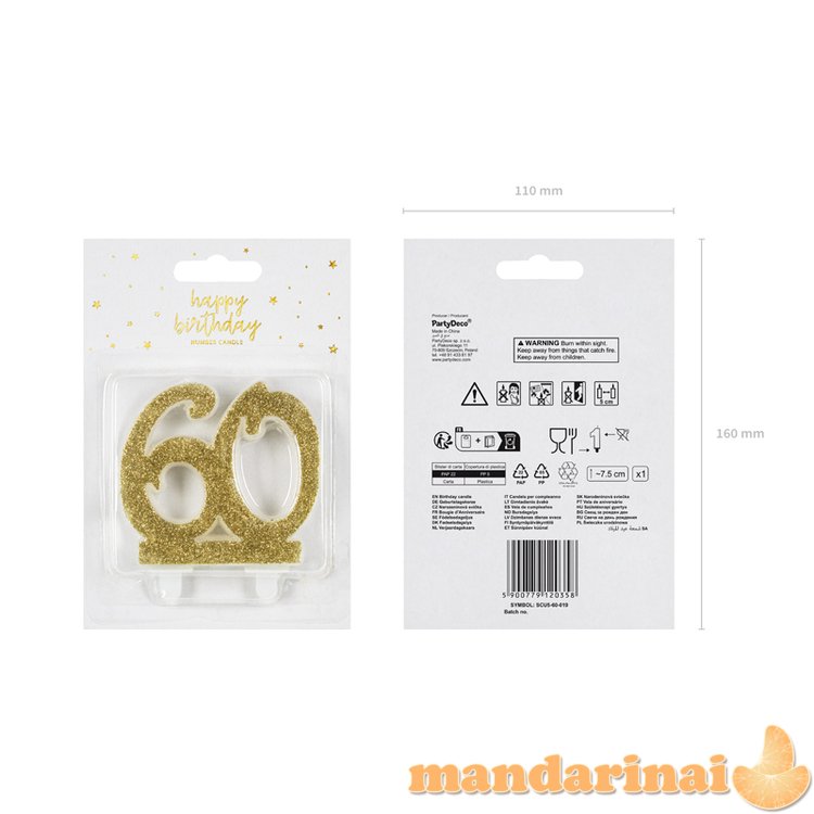 Birthday candle Number 60, gold, 7.5cm