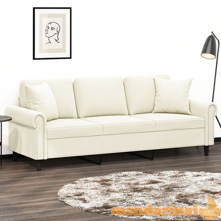 Trivietė sofa su pagalvėlėmis, kreminės spalvos, 180cm, aksomas